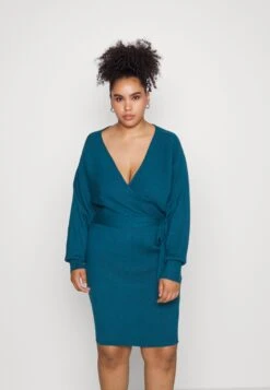 Wrap V Ausschnitt Mini Strickkleid Mit Gürtel - Robe Pull - Teal